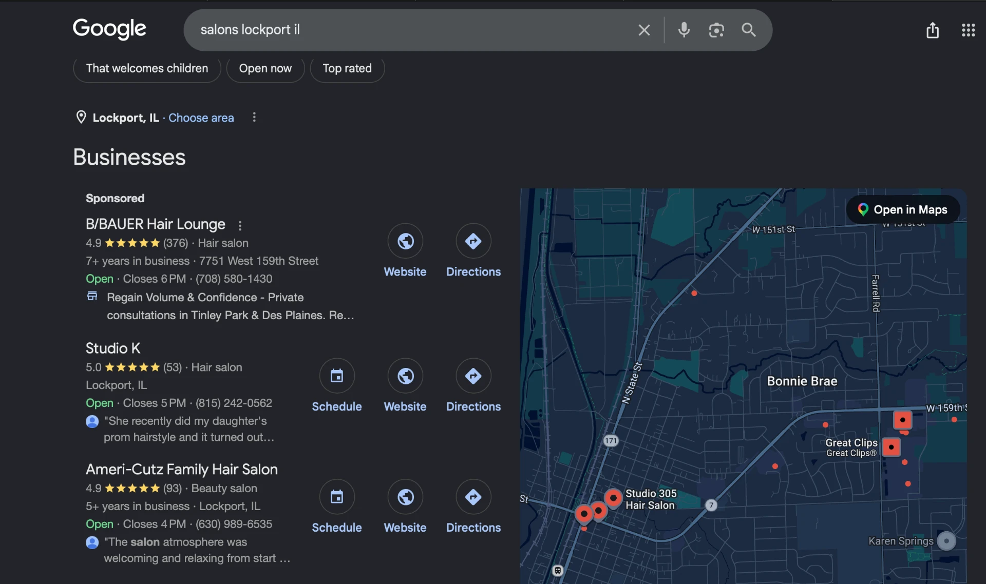 Google local search results showing Studio K in Lockport